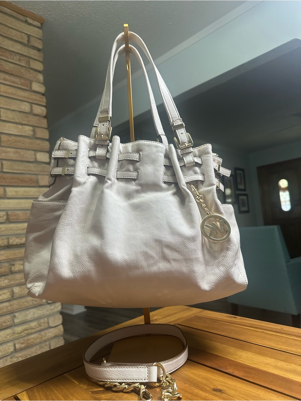 Michael Kors Cream Leather Edie Drawstring Shoulder Tote with Logo Charm